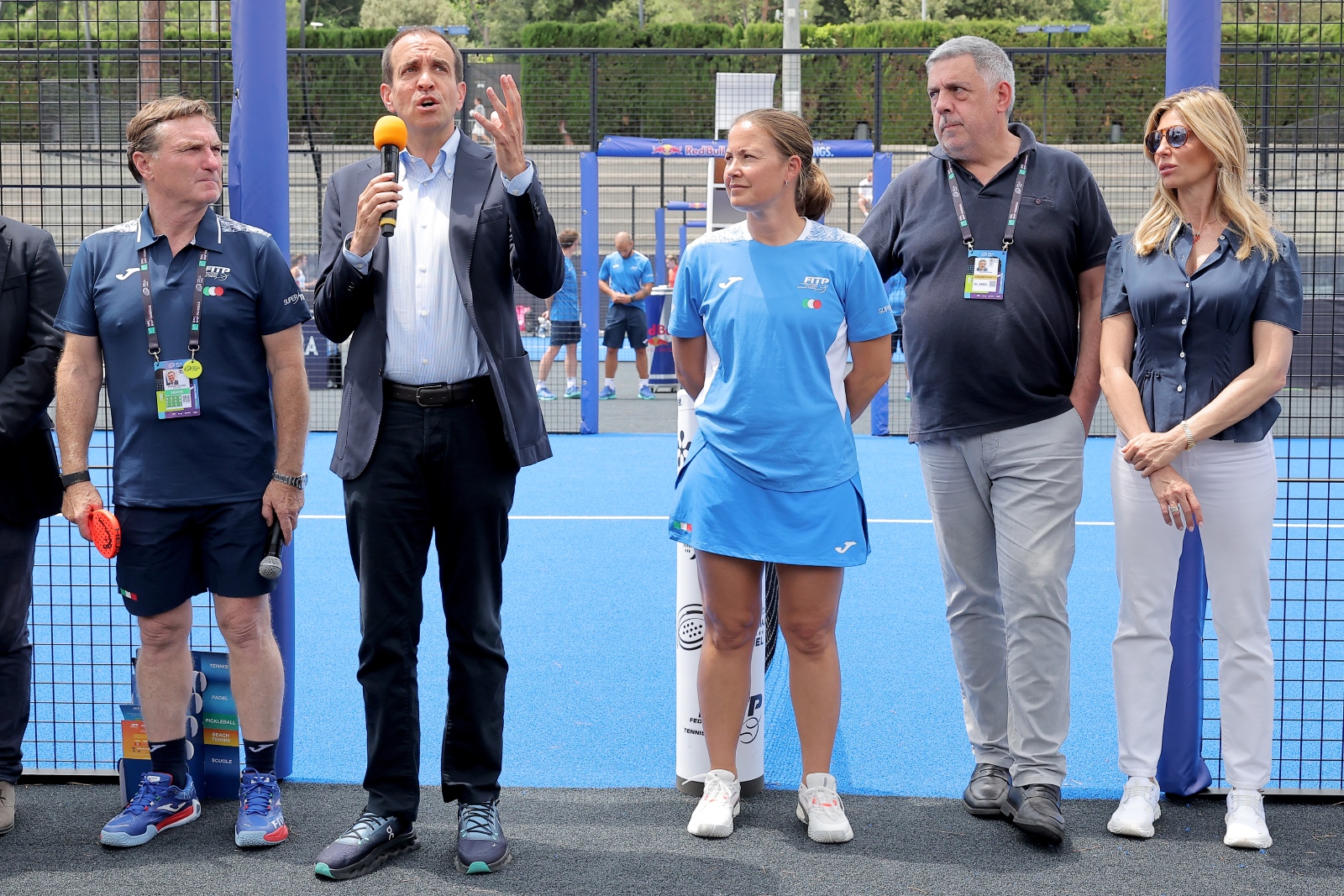 Michelangelo Dell'Edera, Luigi Carraro, Marcela Ferrari, Mauricio Rosciano er Lodovica Binaghi al corso di aggiornamento che si è tenuto al Foro Italico durante il BNL Italy Major Premier Padel 2026 (Foto FITP)