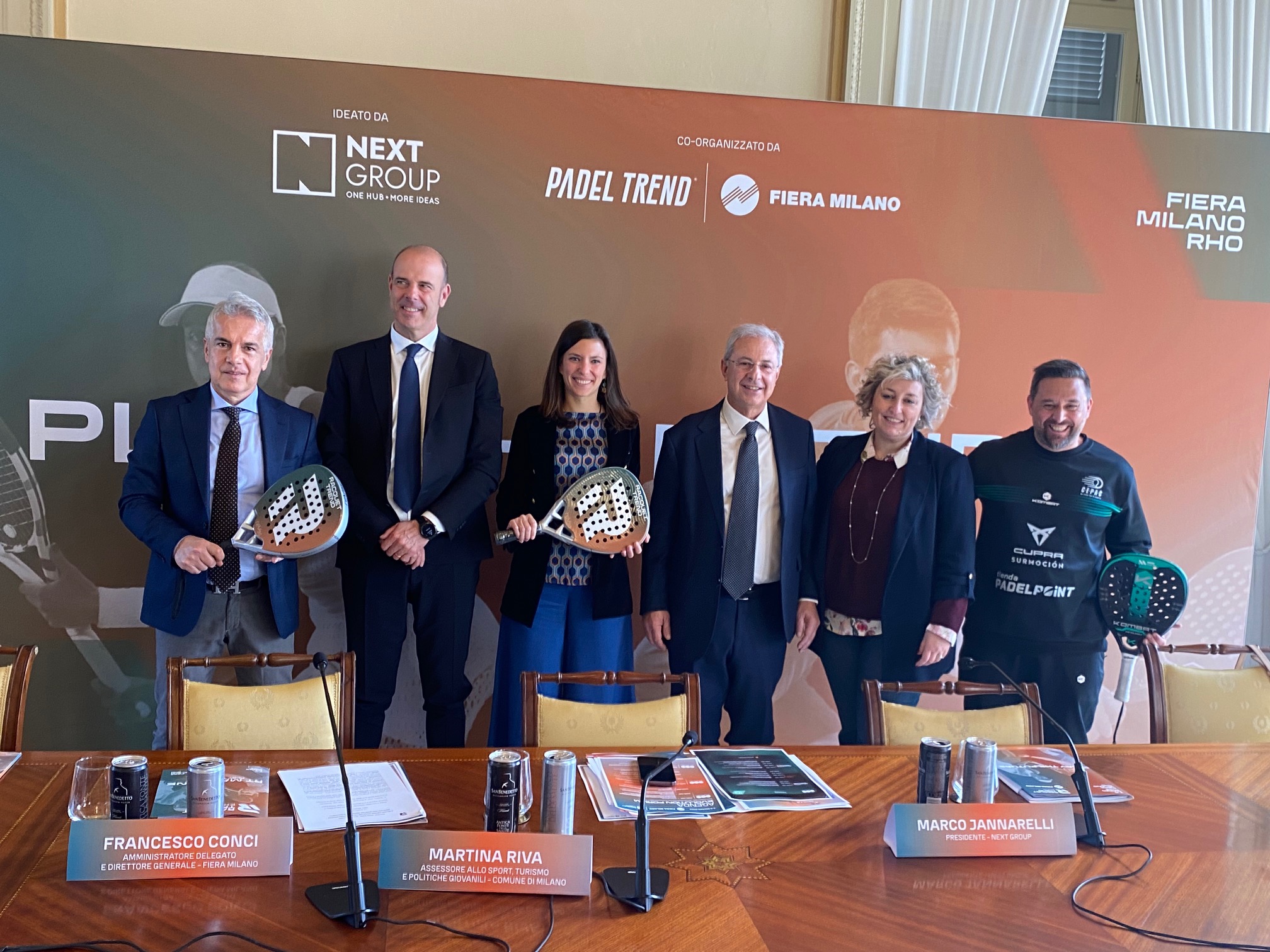 Conferenza di presentazione di Racquet Trend Expo. Da sinistra Luigi Spera, Francesco Conci, Martina Riva, Marco Jannarelli, Maria Maderna, Matias Diaz Sangiorgio