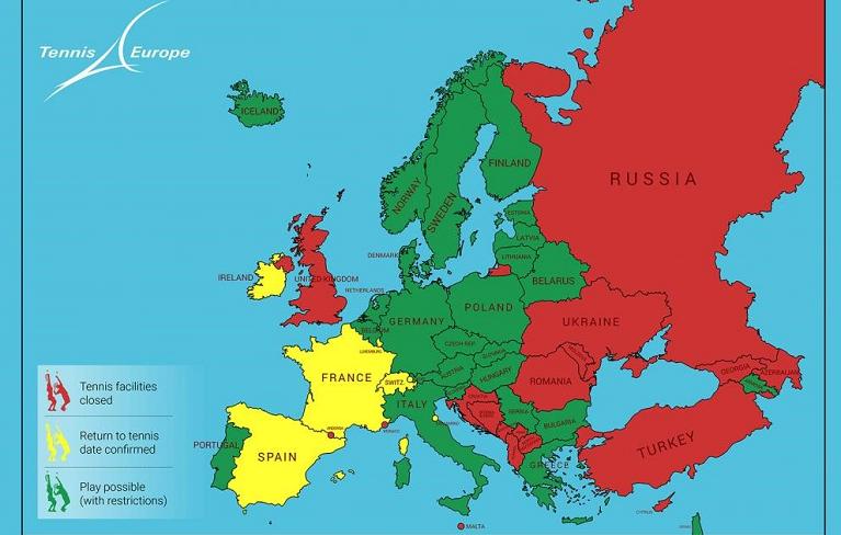 La cartina della ripresa del tennis in Europa