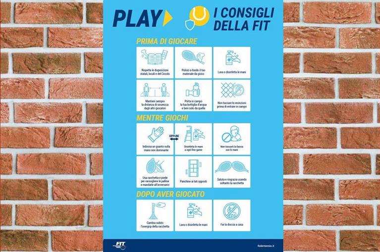 Il manifesto con i consigli della Fit per giocare a tennis in sicurezza