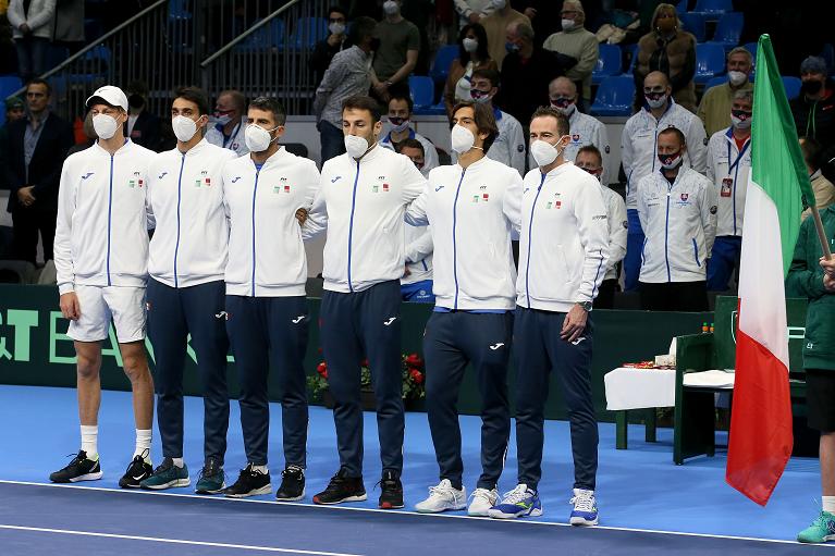 Davis Cup, l'Italia: Sinner, Sonego, Bolelli, Travaglia, Musetti e capitan Volandri (foto Sposito)