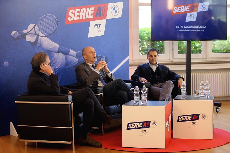 Domenico Carretta, Angelo Binaghi e Fabrizio Ricca alla conferenza stampa di presentazione delle finali di Serie A1 al Circolo Stampa Sporting di Torino (Foto Sposito)