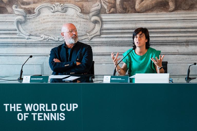 Stefano Bonaccini, Presidente della Regione Emilia-Romagna; e Roberta Li Calzi, Assessora Sport e Bilancio del Comune di Bologna, alla conferenza stampa di presentazione delle Davis Cup Finals 2023 (Foto Francesca Grana/FITP)