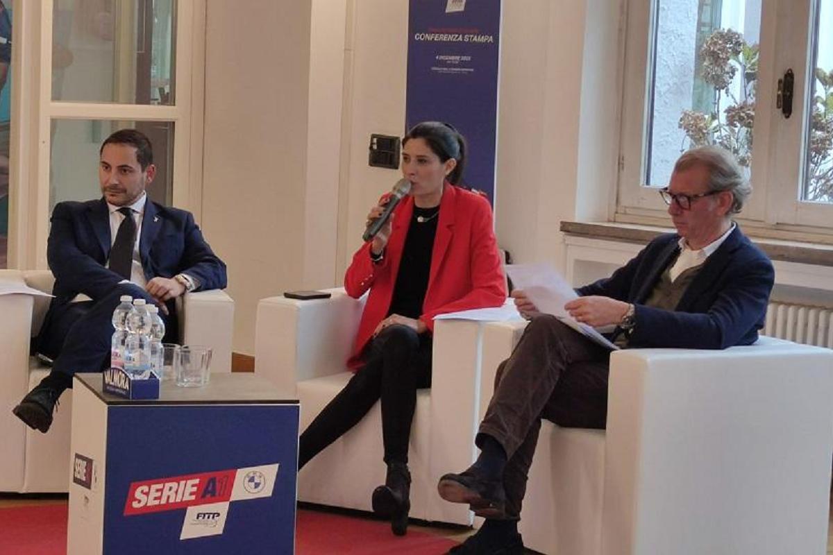 Conferenza stampa di presentazione delle finali di Serie A1 BMW a Torino. Da sinistra Fabrizio Ricca, Assessore allo Sport della Regione Piemonte; Chiara Appendino, Vicepresidente della Federazione Italiana Tennis e Padel;Dario Destefanis, Dirigente Responsabile Divisione Grandi Eventi e Promozione Turistica della Città di Torino