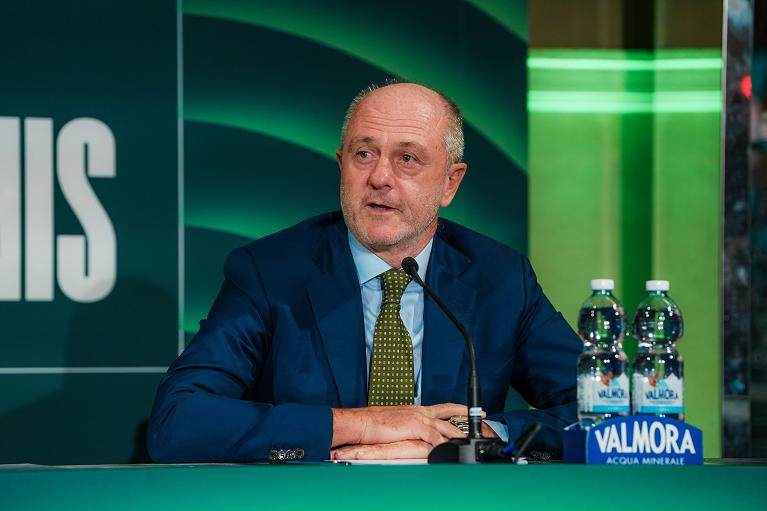 Il presidente della Federazione Italiana Tennis e Padel, Angelo Binaghi, alla conferenza stampa di presentazione della Final 8 della Davis Cup by Generali a Bologna (Foto FITP)